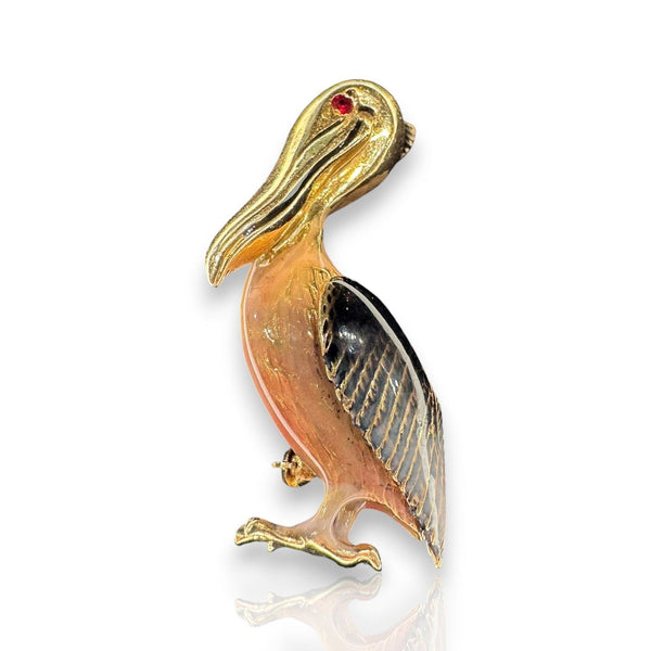 Vintage Enamel and Gold Pelican Brooch with Ruby Eye