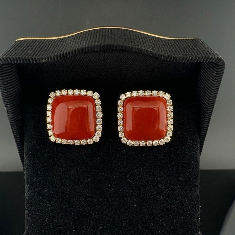 Italian Sensational Red Coral 3.00 Ct Diamond Square Earrings 18 KT