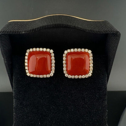 Italian Sensational Red Coral 3.00 Ct Diamond Square Earrings 18 KT