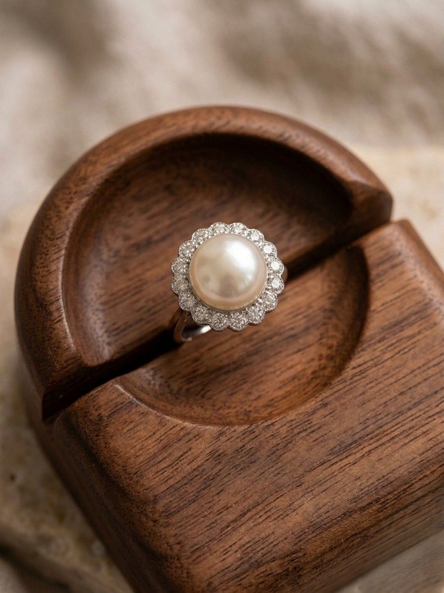 Edwardian 12 MM. Mabe Split Pearl 1.60 Ct Diamond Engagement Ring
