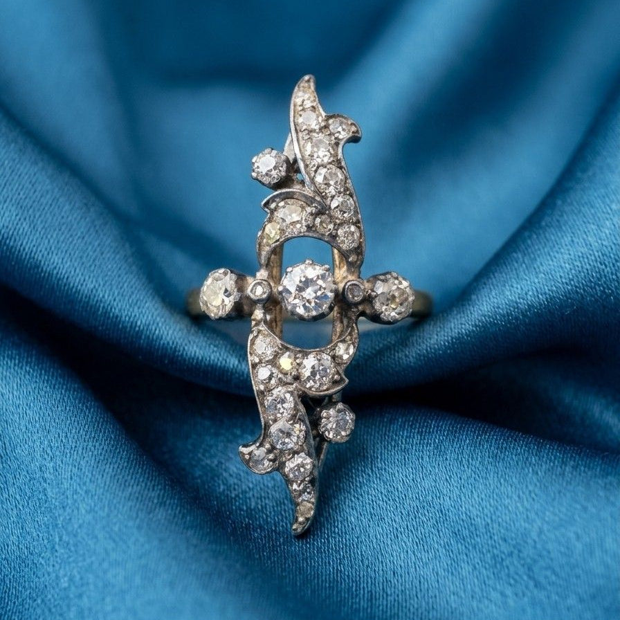 Art Nouveau 1.40 Ct Old Diamond Cut Navette French ring
