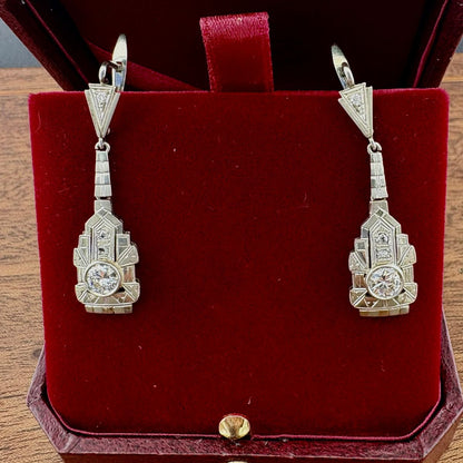 Art Deco Italian Diamond Drop Earrings in 18ct White Gold, Circa 1925