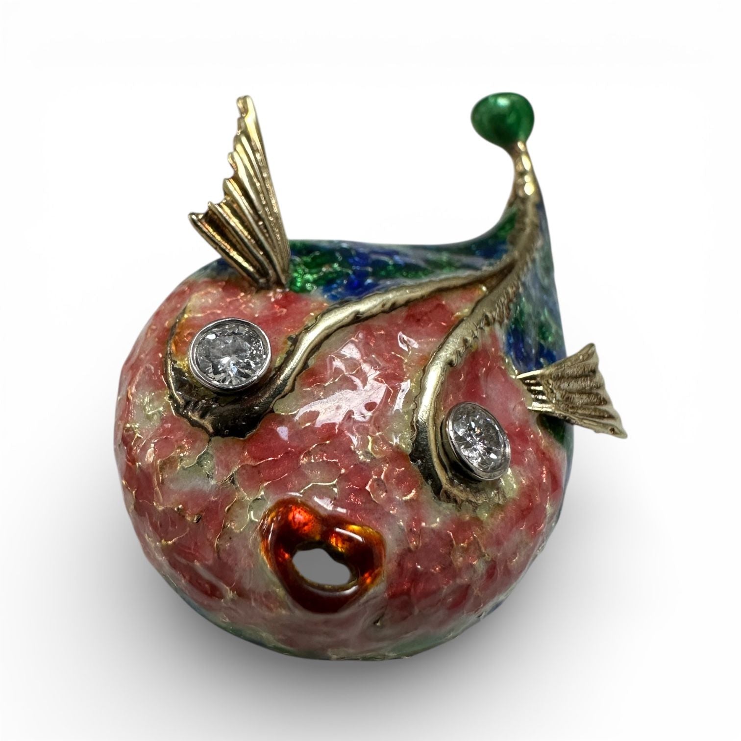 Vintage Enamel and Gold Puffer Fish Brooch with Diamond Eyes