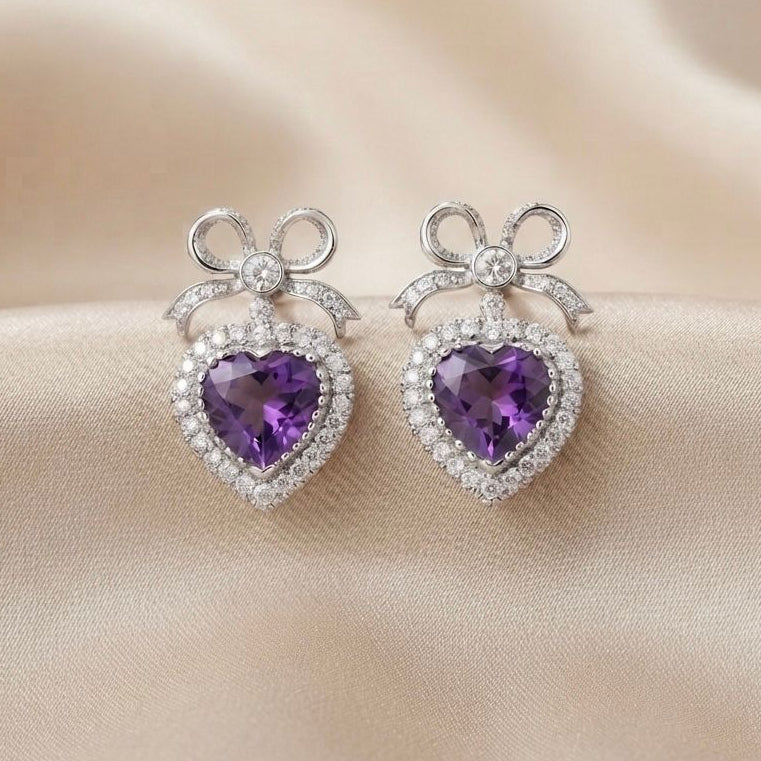 Vintage 18K White Gold Heart Amethyst & Diamond Earrings