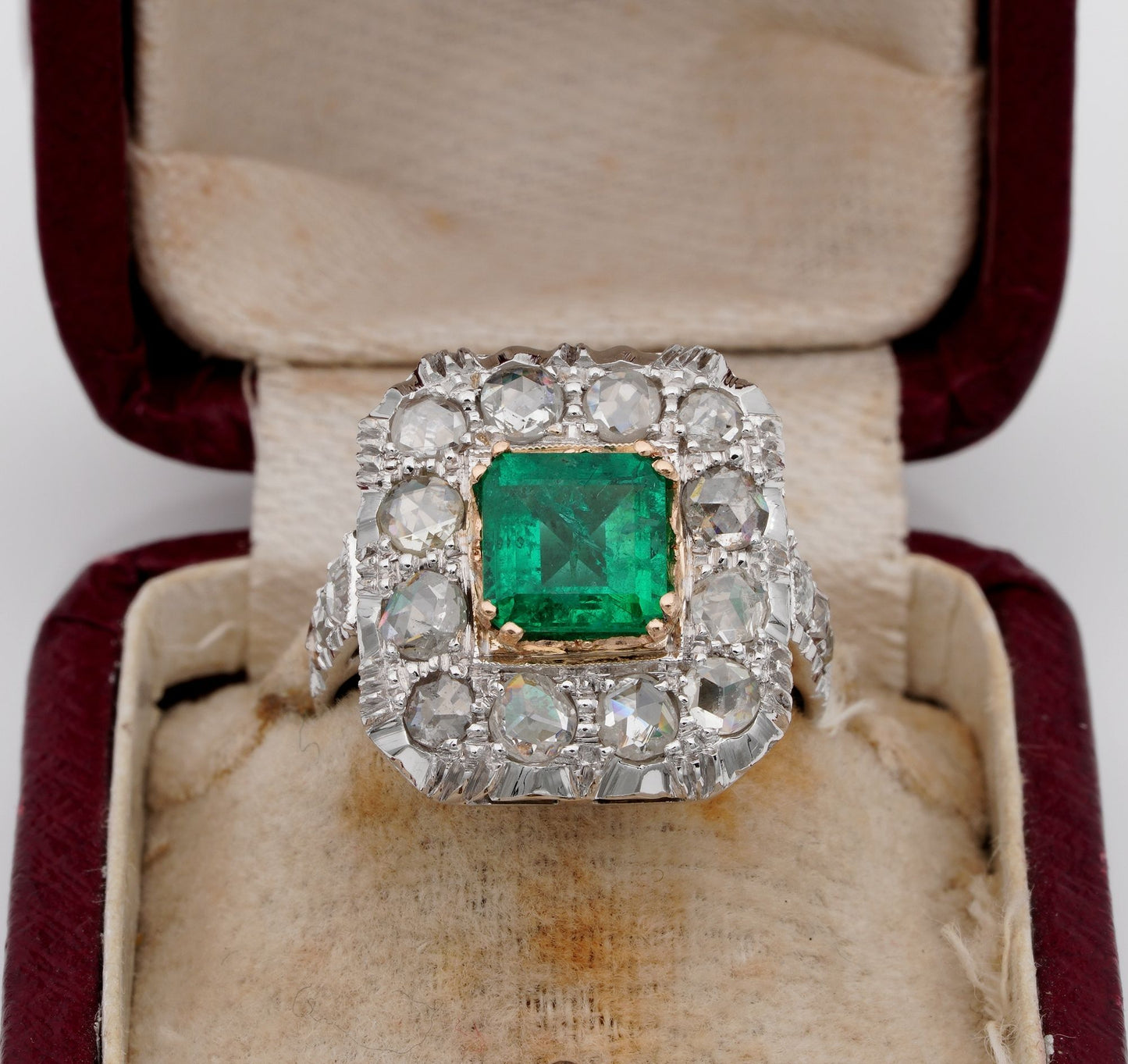 Antique Vintage Art Deco 1.30ct Colombian Emerald and 2.40ct Rose Cut Diamond Cluster Ring