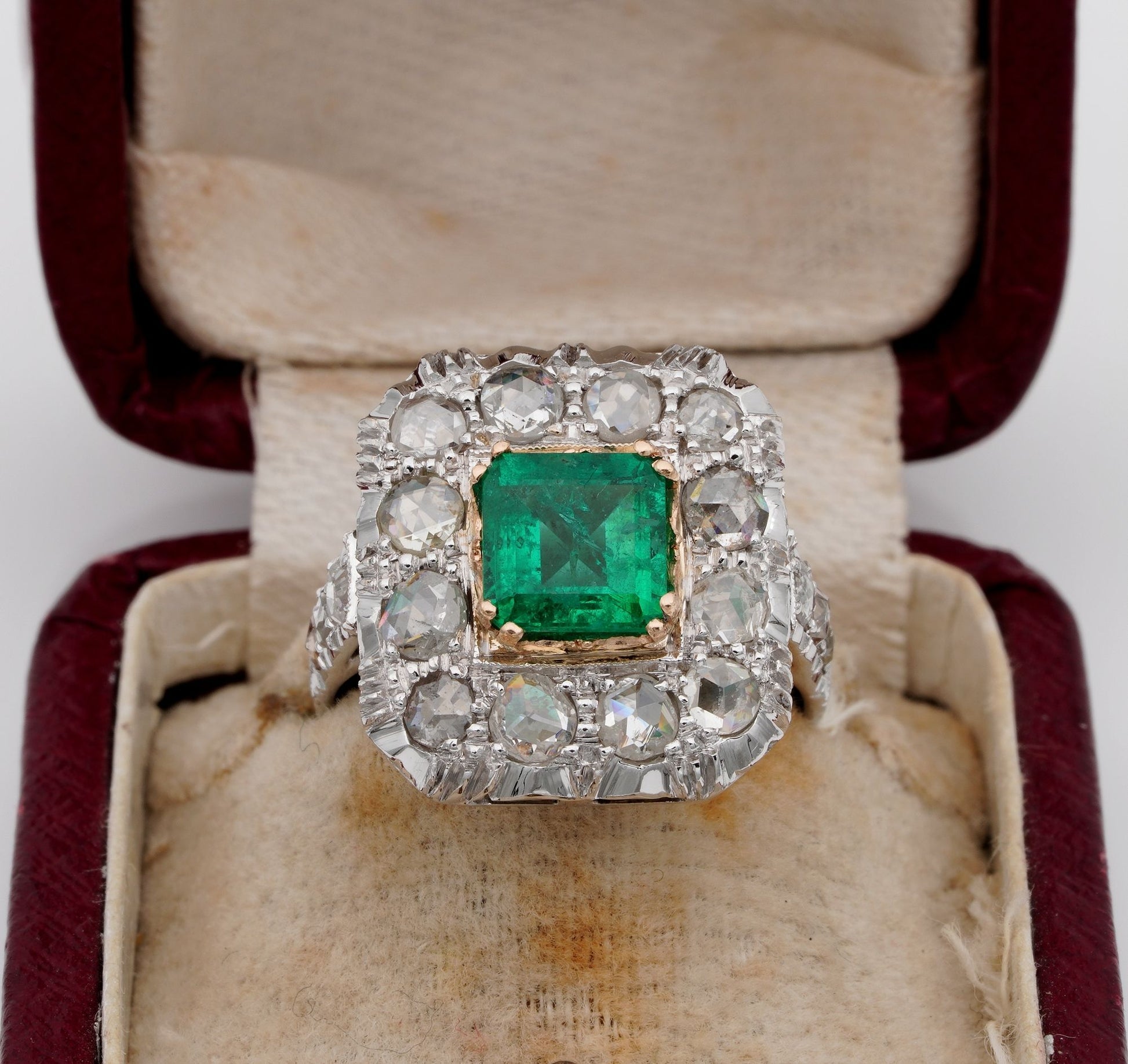 Antique Vintage Art Deco 1.30ct Colombian Emerald and 2.40ct Rose Cut Diamond Cluster Ring