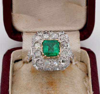 Antique Vintage Art Deco 1.30ct Colombian Emerald and 2.40ct Rose Cut Diamond Cluster Ring