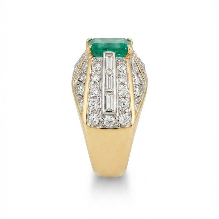 Italian Retro Colombian Emerald and 5ct Diamond Cocktail Ring