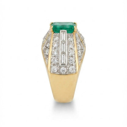 Italian Retro Colombian Emerald and 5ct Diamond Cocktail Ring