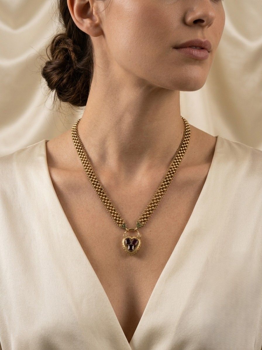 Victorian 18K Yellow Gold Garnet Heart Locket Necklace, Circa 1870/80