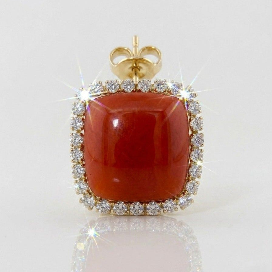 Italian Red Coral and 3ct Diamond Square Cluster Earrings