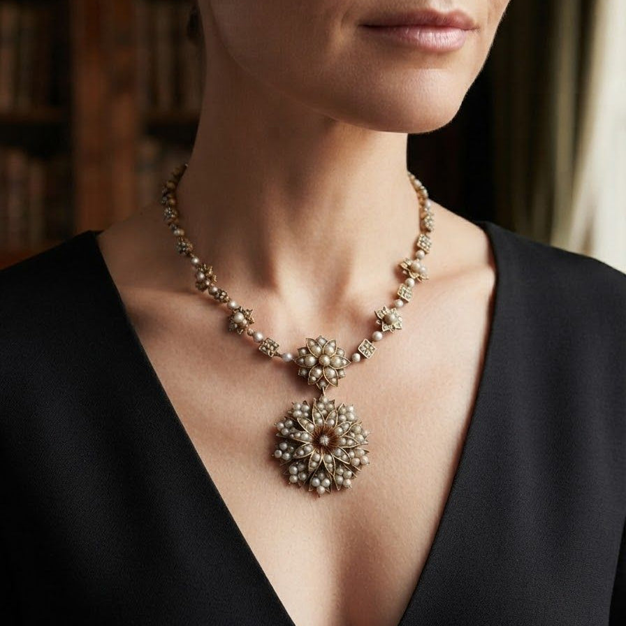 Victorian Antique Natural Pearl and Diamond Demi Parure Pendant Necklace Brooch, Circa 1860