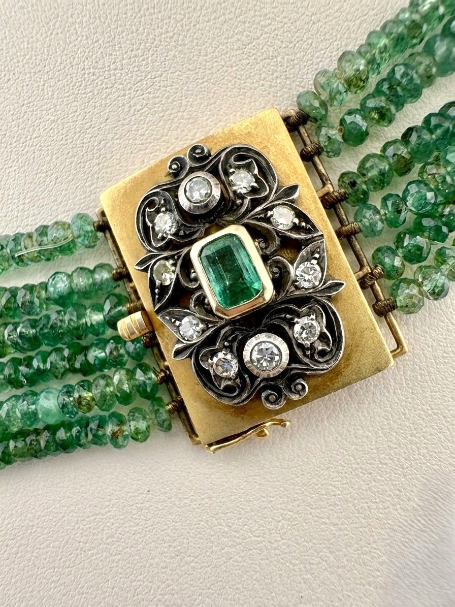Vintage Italian 600.00 Carat Emerald Multi-strand Necklace with Precious Clasp
