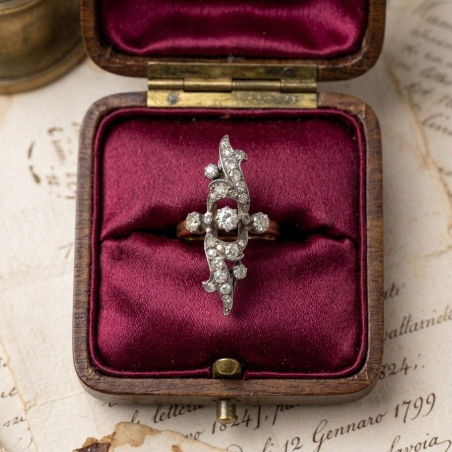 Art Nouveau 1.40 Ct Old Diamond Cut Navette French ring
