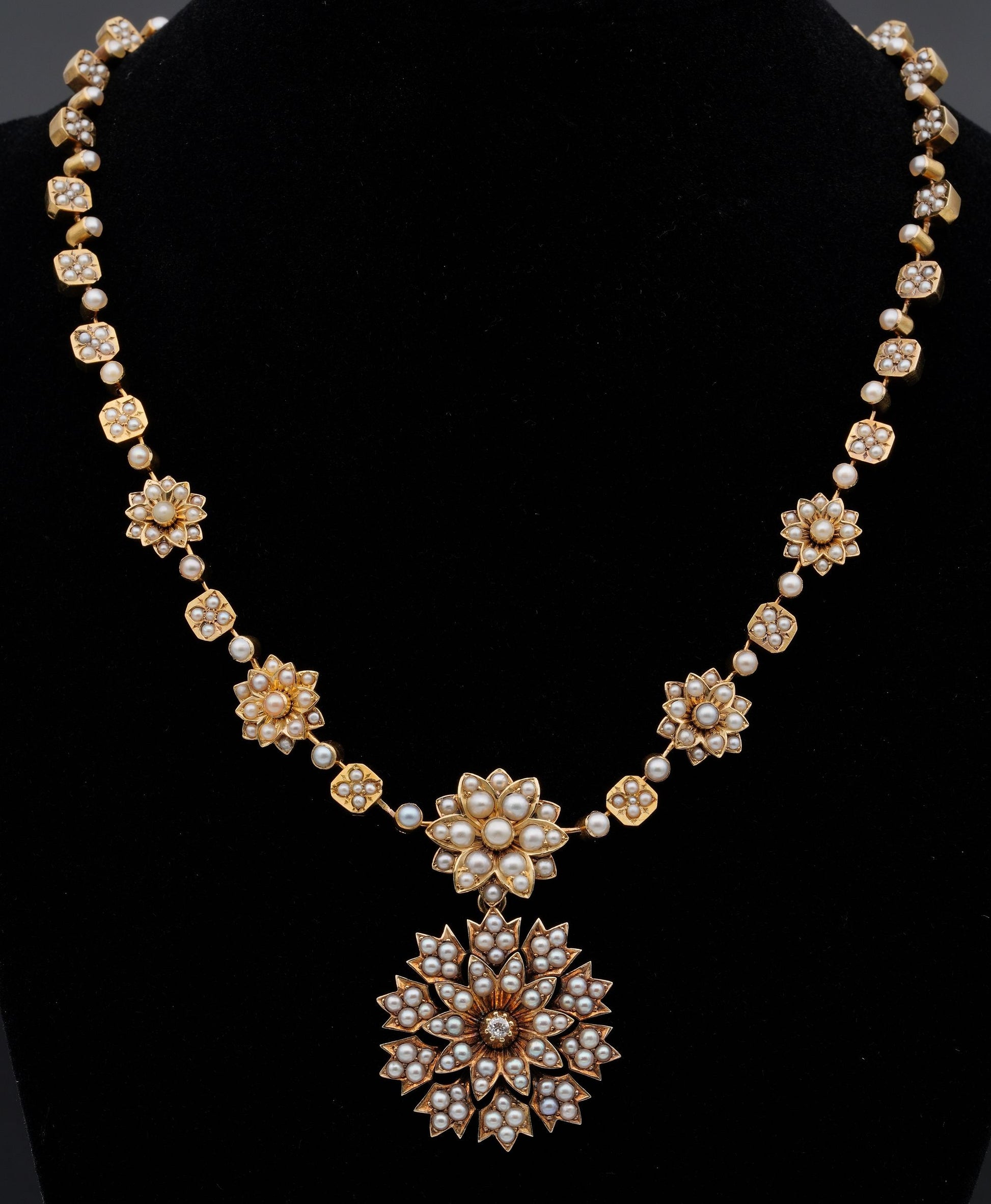 Victorian Antique Natural Pearl and Diamond Demi Parure Pendant Necklace Brooch, Circa 1860
