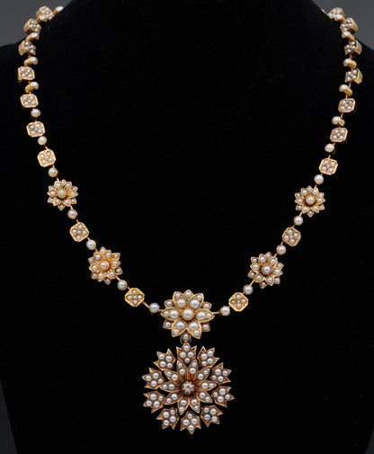 Victorian Antique Natural Pearl and Diamond Demi Parure Pendant Necklace Brooch, Circa 1860