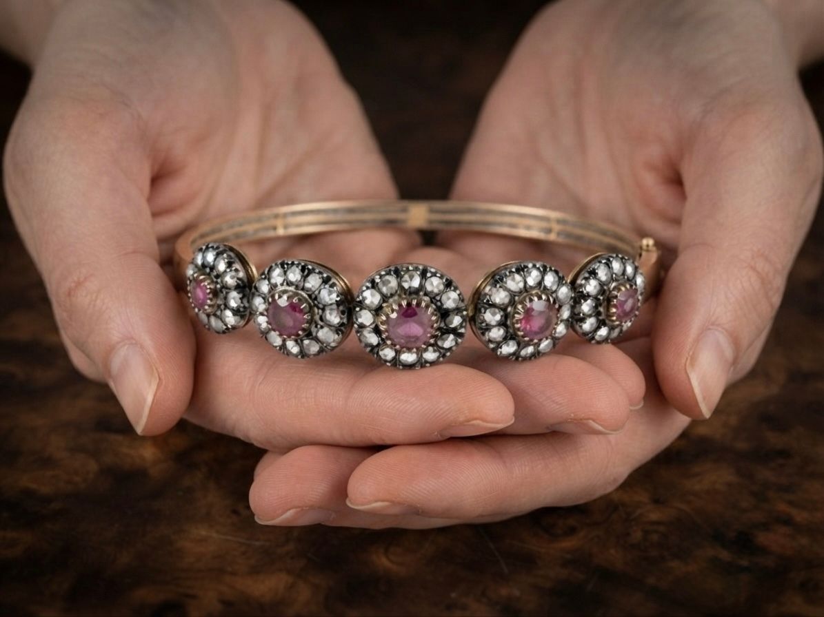 Victorian 18Kt Gold Ruby and Rose Cut Diamond Bangle, Circa 1890