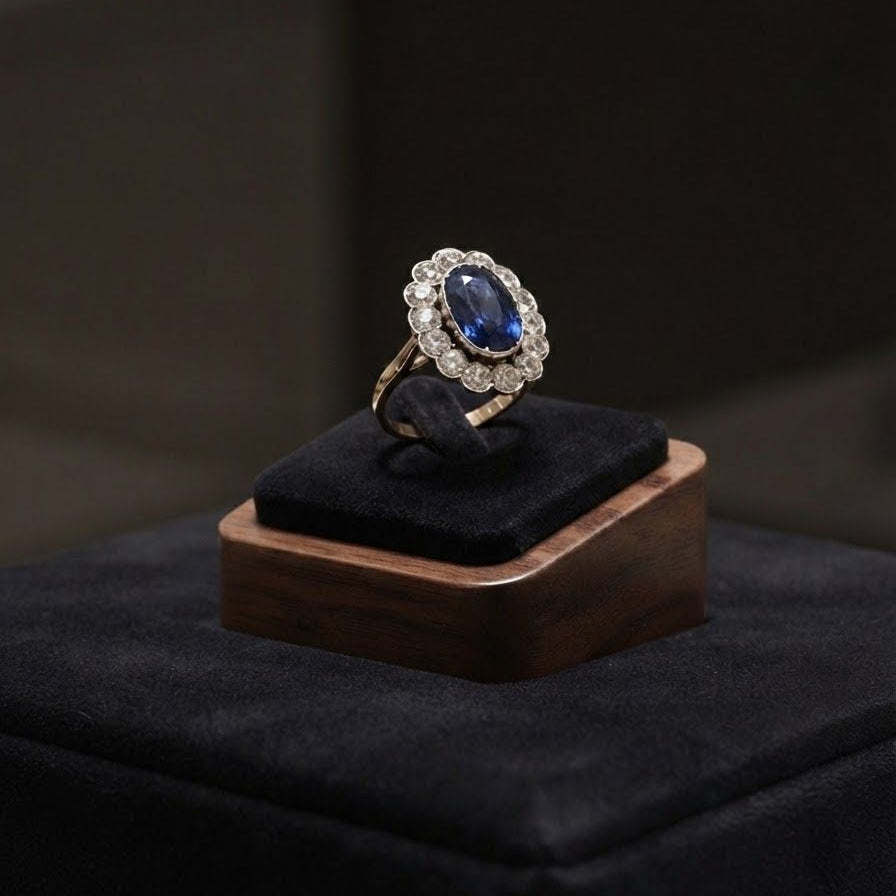 Late Victorian Antique 4.18ct Natural No Heat Ceylon Sapphire and Old Diamond Cluster Engagement Ring