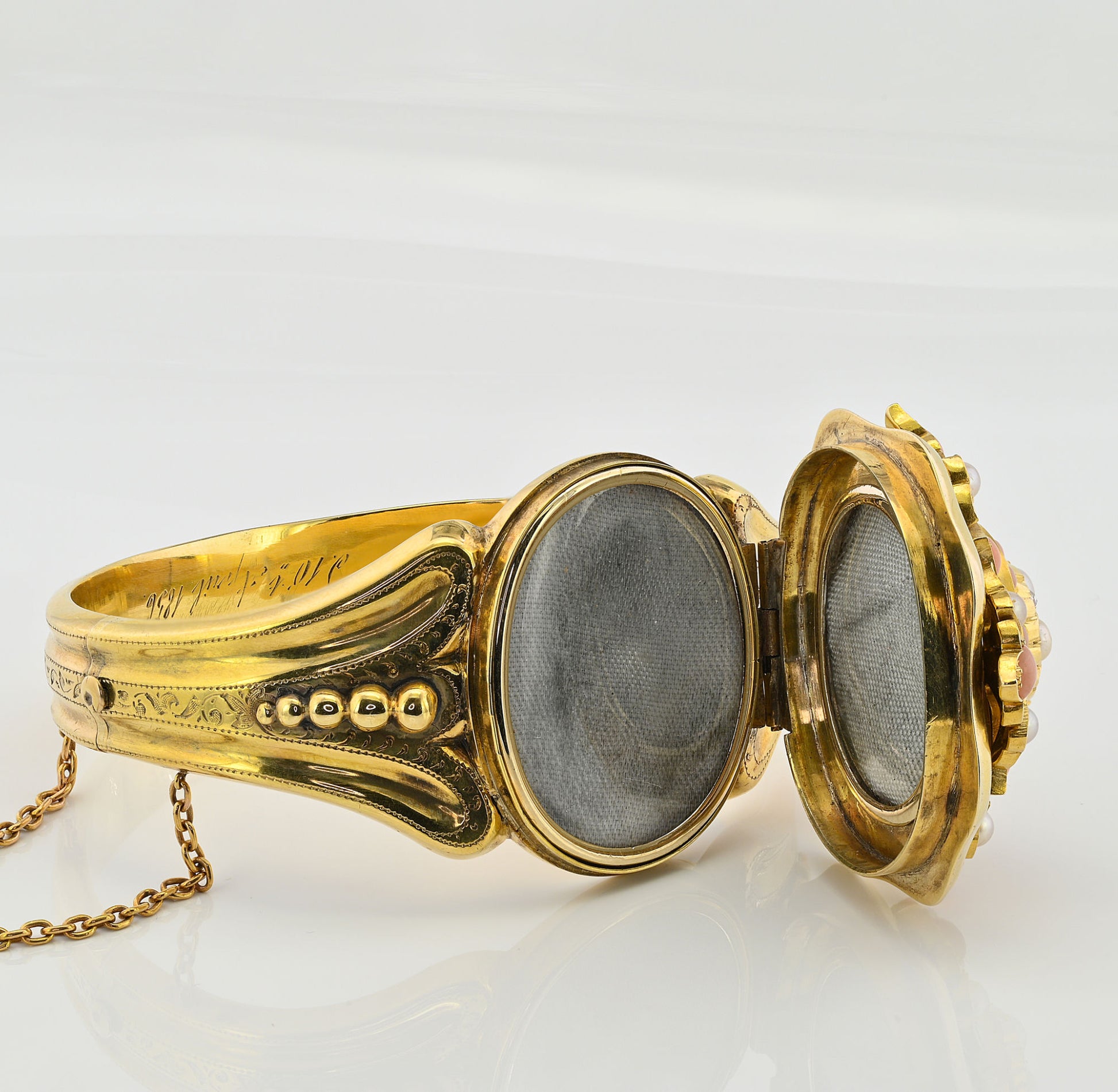 Victorian Antique Pearl Coral Diamond Gold Locket Bangle Bracelet, Circa 1856