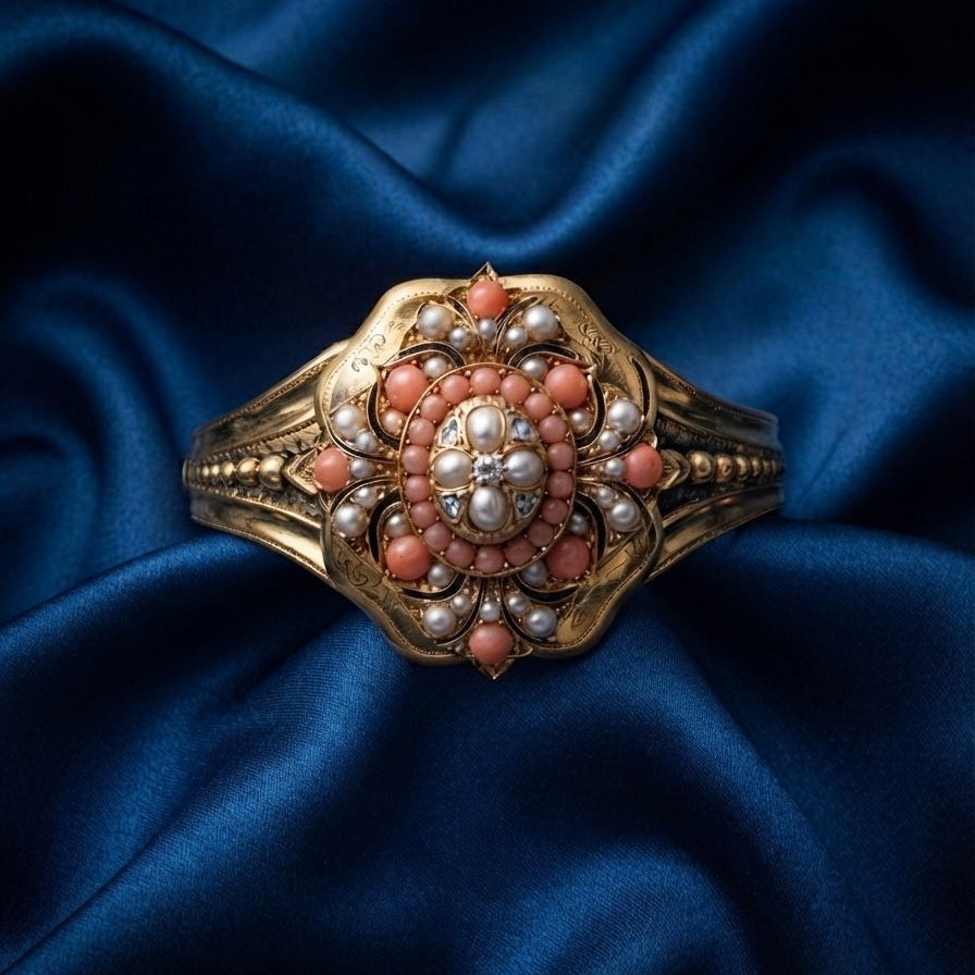 Victorian Antique Pearl Coral Diamond Gold Locket Bangle Bracelet, Circa 1856