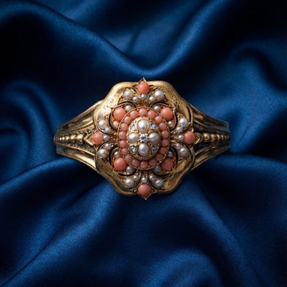 Victorian Antique Pearl Coral Diamond Gold Locket Bangle Bracelet, Circa 1856