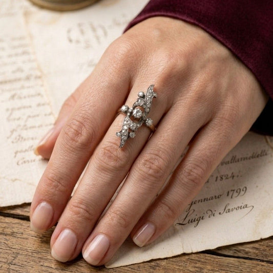 Art Nouveau Antique French 1.40ct Old Cut Diamond Navette Ring