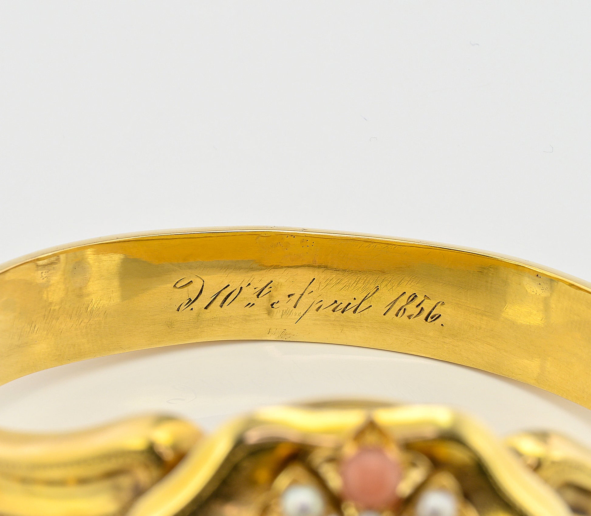 Victorian Antique Pearl Coral Diamond Gold Locket Bangle Bracelet, Circa 1856