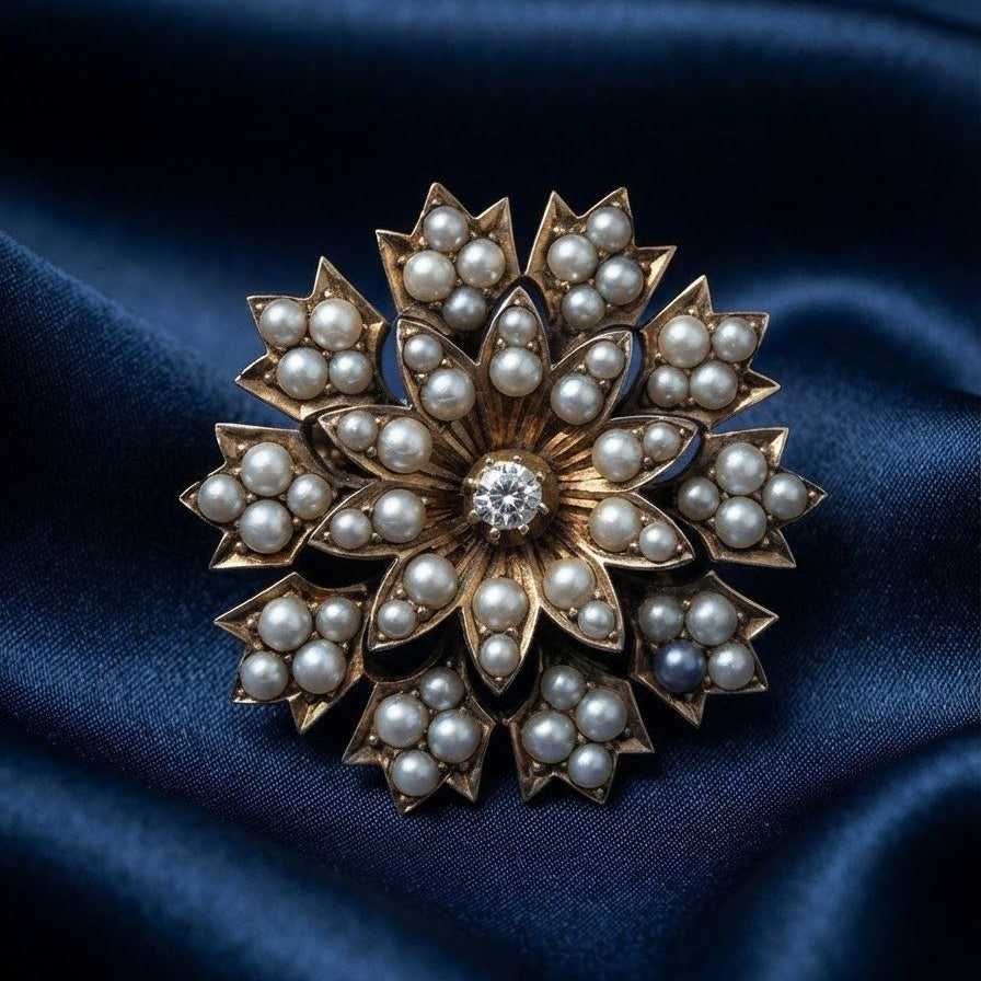 Victorian Antique Natural Pearl and Diamond Demi Parure Pendant Necklace Brooch, Circa 1860