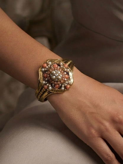Victorian Antique Pearl Coral Diamond Gold Locket Bangle Bracelet, Circa 1856