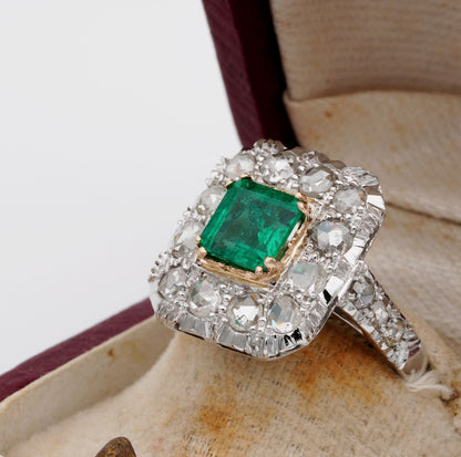 Antique Vintage Art Deco 1.30ct Colombian Emerald and 2.40ct Rose Cut Diamond Cluster Ring