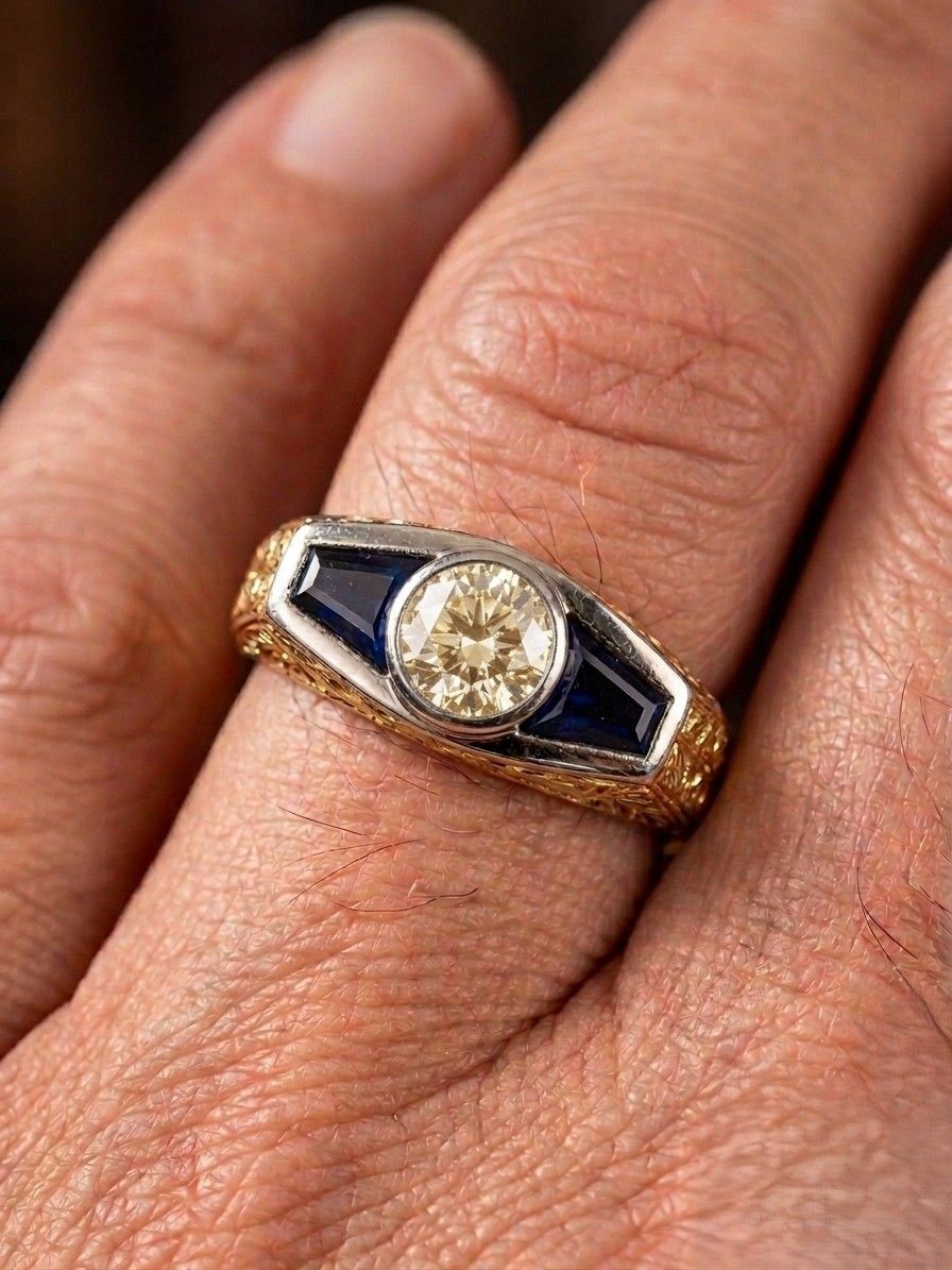 Italian Edwardian Verneuil Sapphire Diamond Three Stone Gent ring 18 KT