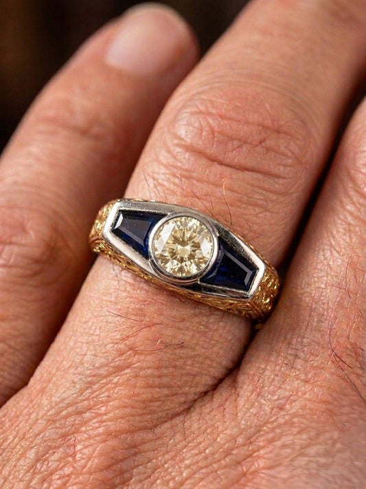 Italian Edwardian Verneuil Sapphire Diamond Three Stone Gent ring 18 KT