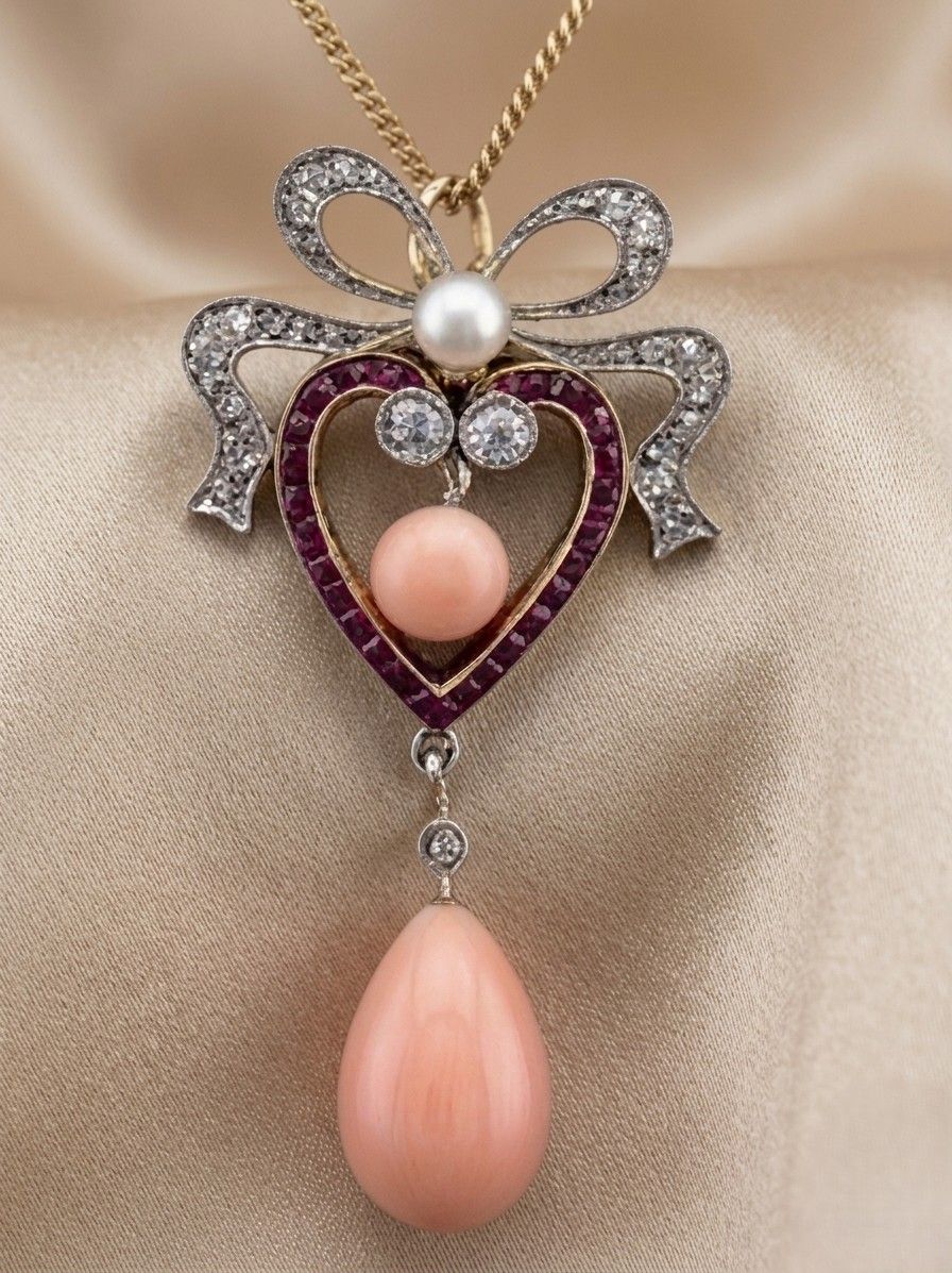 Edwardian Antique Angel Skin Coral Diamond Ruby Sweet Heart Pendant Necklace