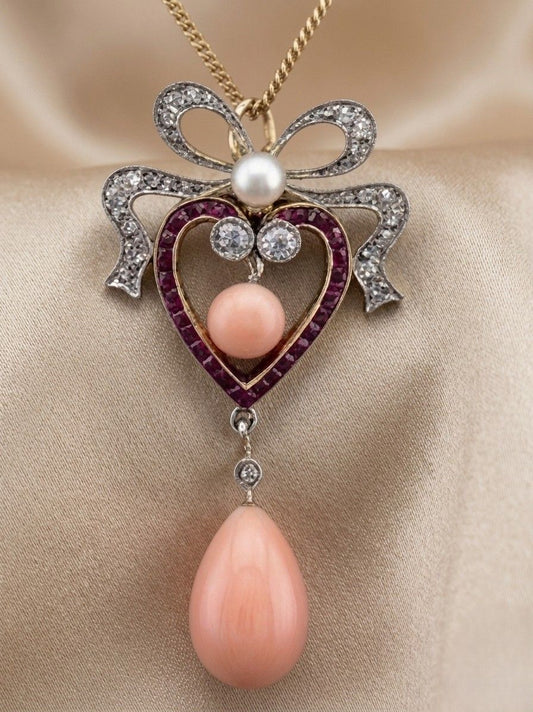 Edwardian Antique Angel Skin Coral Diamond Ruby Sweet Heart Pendant Necklace