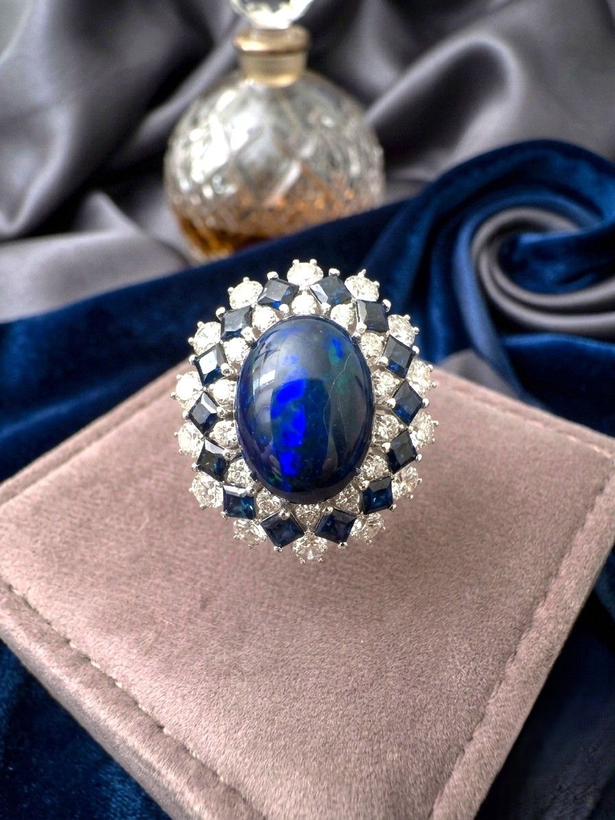 9.0 Ct. Australian Black Opal Diamond Sapphire Platinum Ring