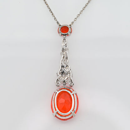 Art Deco 7.70ct Fire Opal and Diamond Pendant Necklace