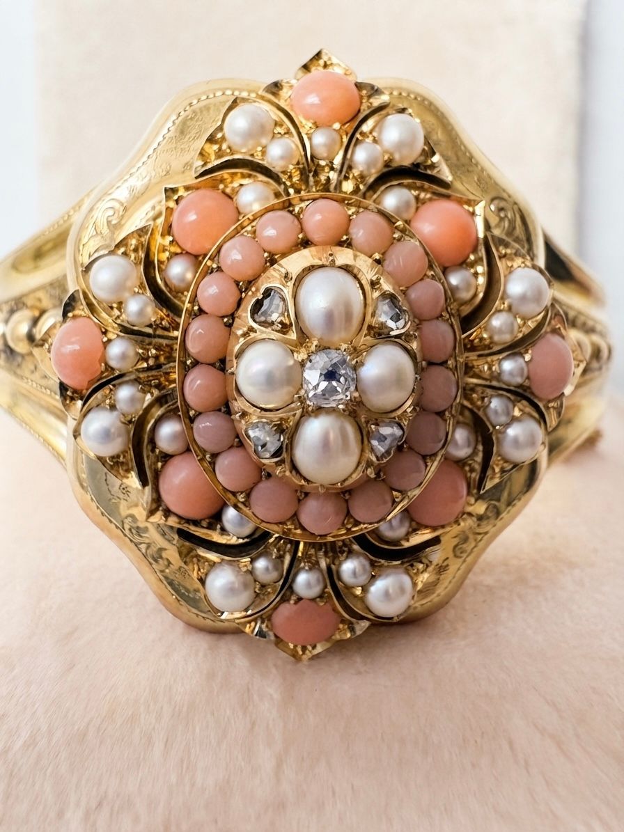 Victorian Antique Pearl Coral Diamond Gold Locket Bangle Bracelet, Circa 1856