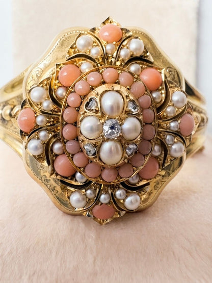 Victorian Antique Pearl Coral Diamond Gold Locket Bangle Bracelet, Circa 1856