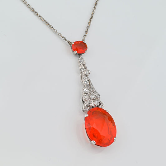 Art Deco 7.70ct Fire Opal and Diamond Pendant Necklace
