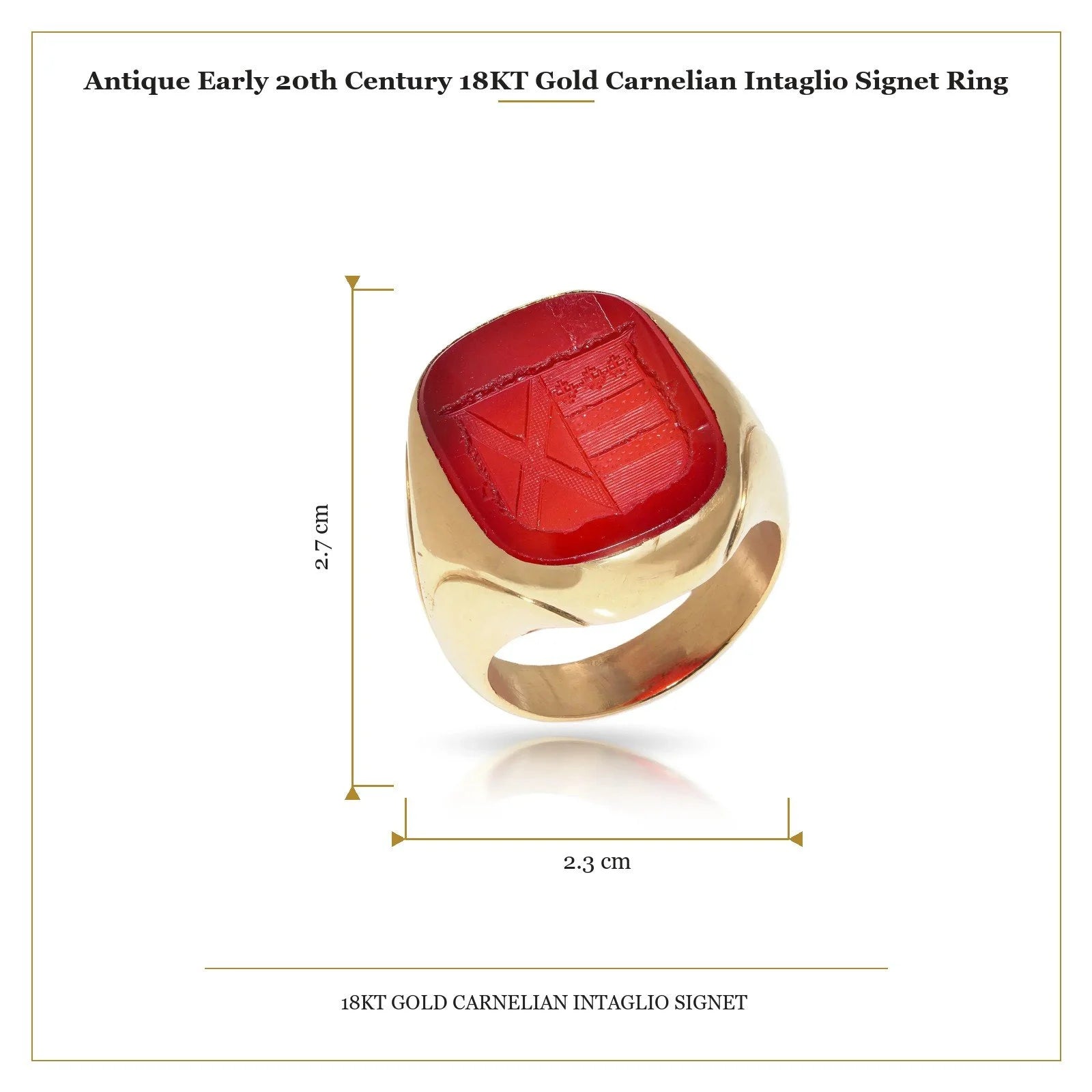 A yellow gold carnelian set signet ring with an intaglio, with measurements