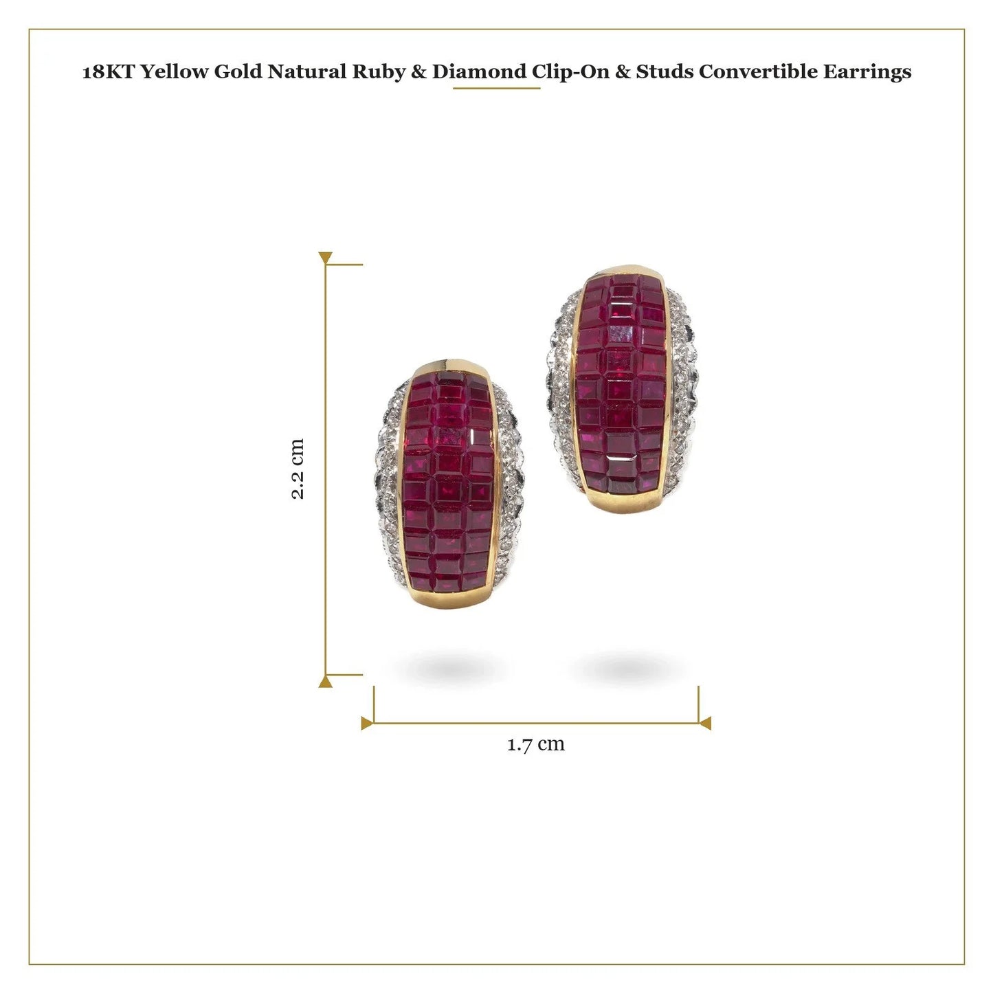 A pair of yellow gold square cut ruby and round diamond earrings, with measurements