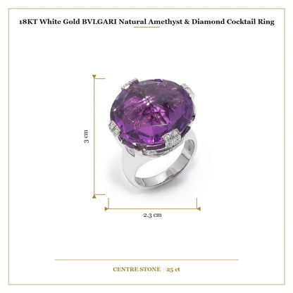 A round amethyst and diamond cocktail ring in white gold, with measurements