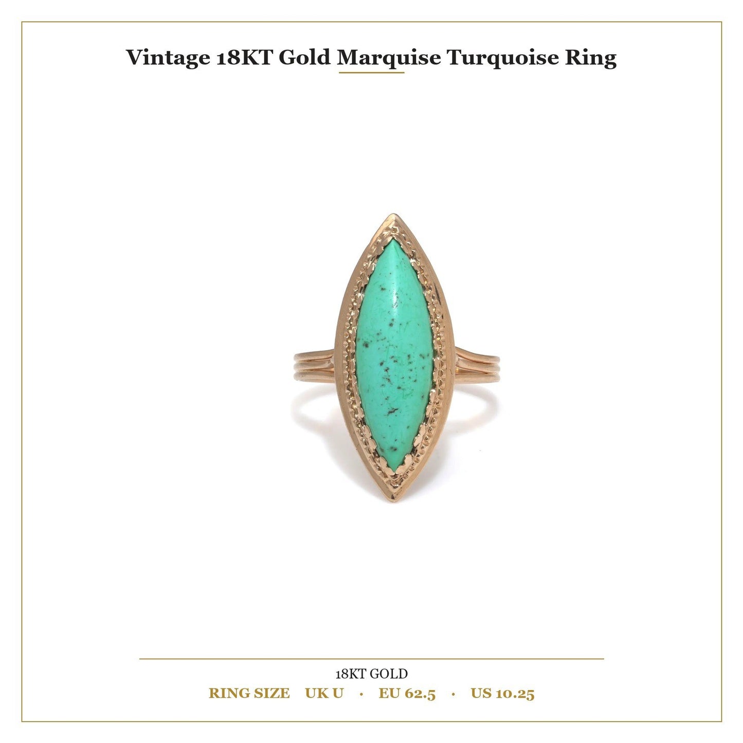 A navette shaped turquoise single stone ring in yellow gold, with measurements
