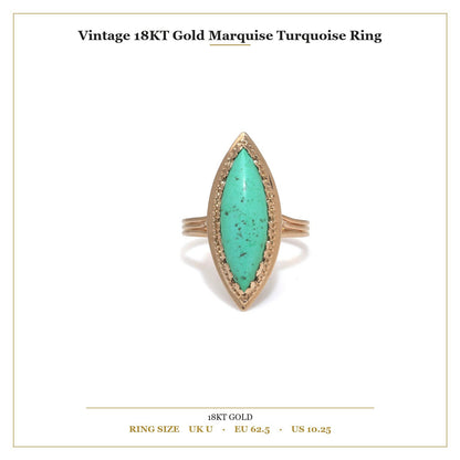 A navette shaped turquoise single stone ring in yellow gold, with measurements