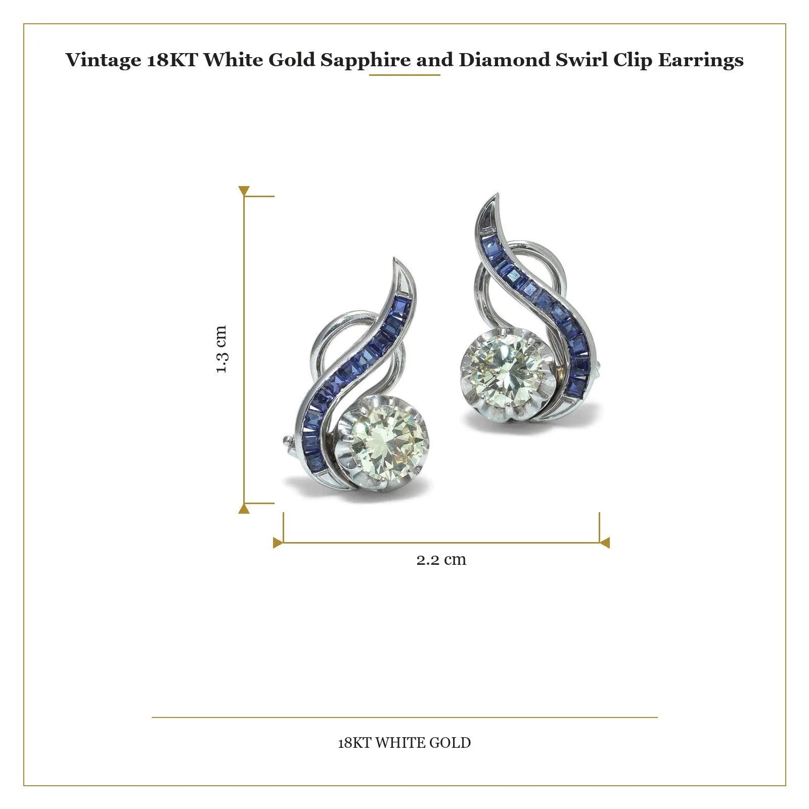 Vintage 18KT White Gold Sapphire and Diamond Swirl Clip Earrings