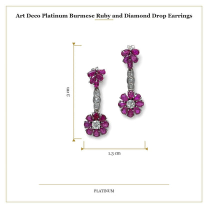 Art Deco Platinum Burmese Ruby and Diamond Drop Earrings
