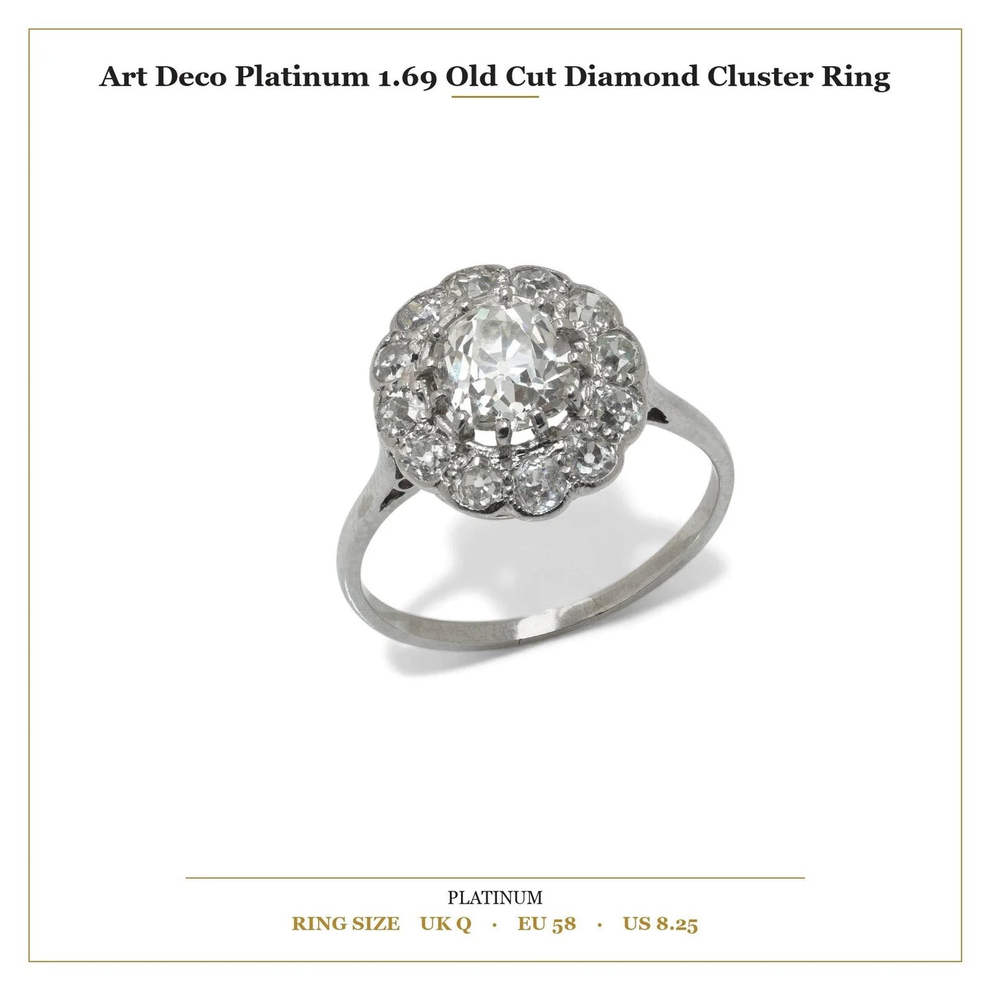 Art Deco Platinum 1.69 Old Cut Diamond Cluster Ring
