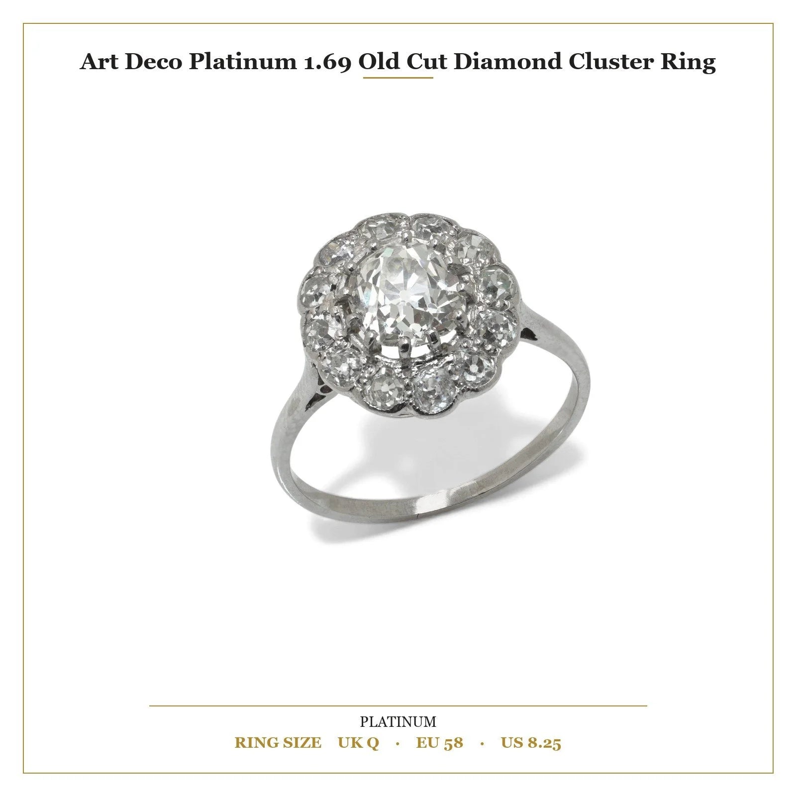 Art Deco Platinum 1.69 Old Cut Diamond Cluster Ring