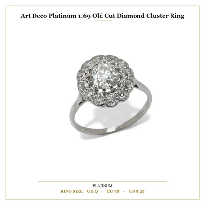 Art Deco Platinum 1.69 Old Cut Diamond Cluster Ring