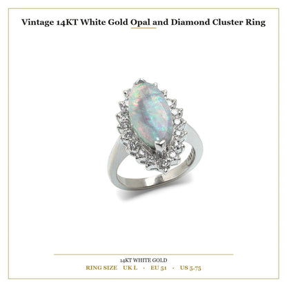Vintage 14 ct White Gold Opal And Diamond Cluster Ring